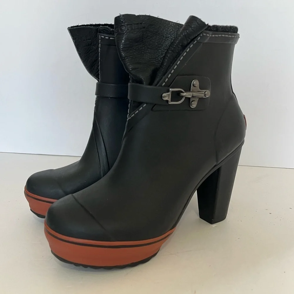 Sorel Medina Rain Heel Boots Black Rubber Size 6